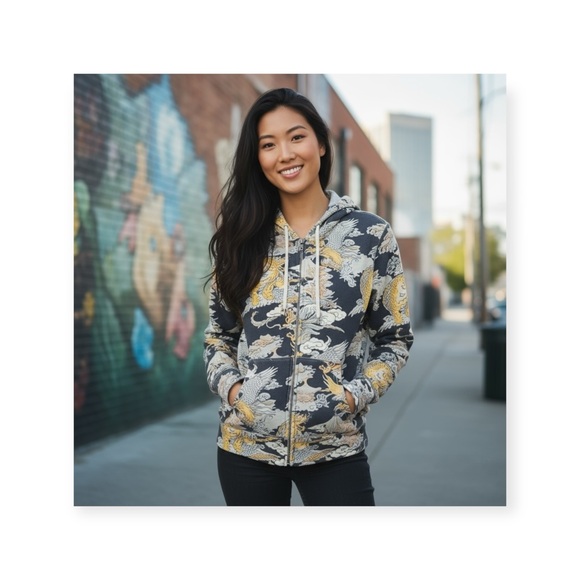 Y2K: Lucky Brand ✵ Asian Inspired Tiger Pagoda Print Zipper Hoodie Sweatshirt ✵M - Picture 1 of 16